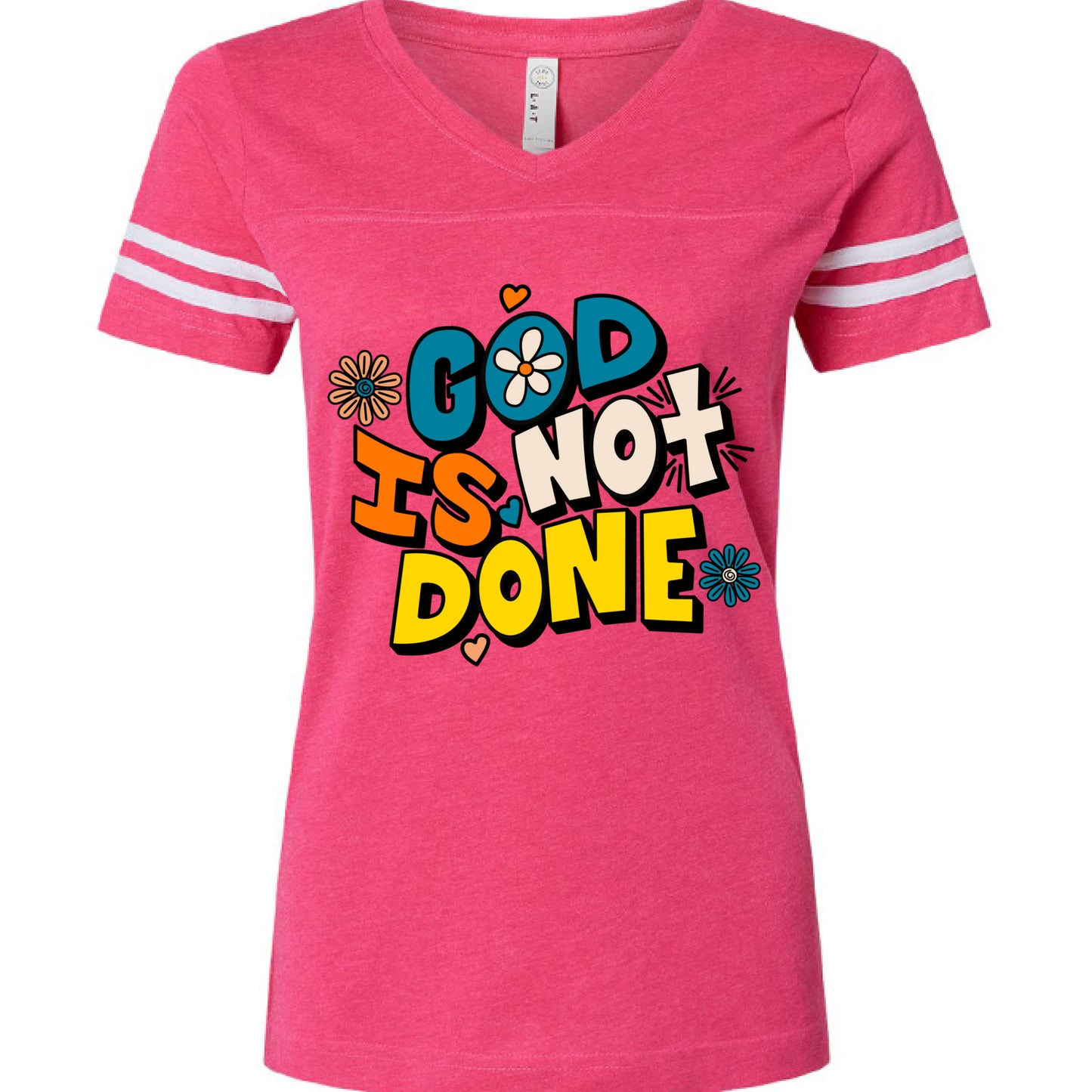 V HT PNK/ BD WHT - FRONT God Is Not Done Ladies Football T-Shirt with inspirational faith-based message