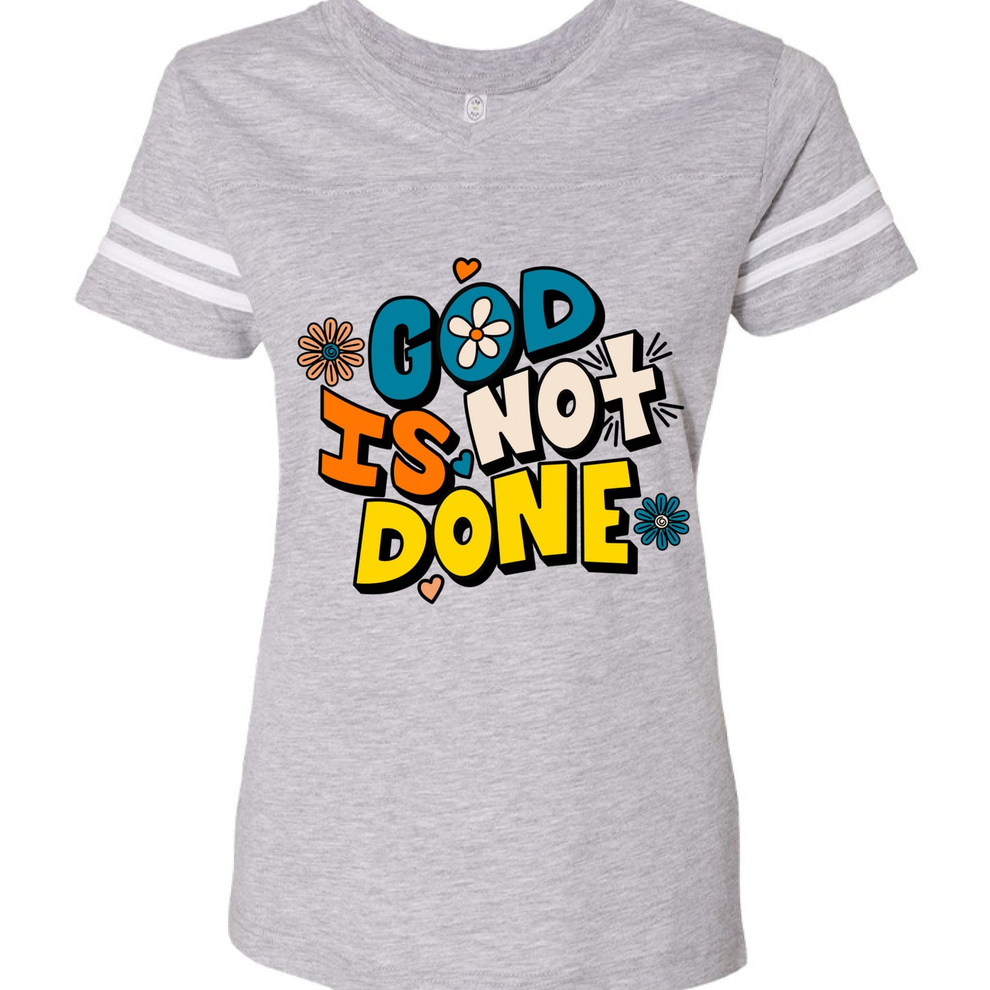 VN HTHR/ BLD WHT - FRONT God Is Not Done Ladies Football T-Shirt with inspirational faith-based message