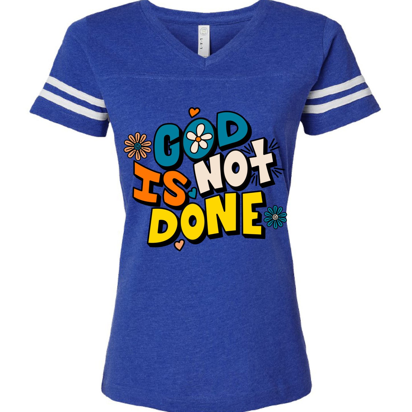 VN ROYAL/ BD WHT - FRONT God Is Not Done Ladies Football T-Shirt with inspirational faith-based message