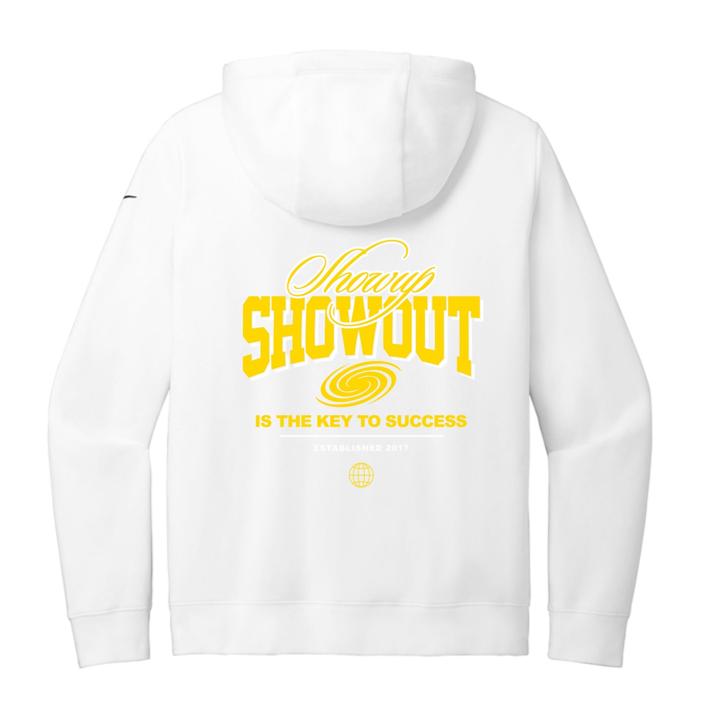 White - BACK Showup Showout Ladies Nike Hoodie in white with inspirational streetwear design