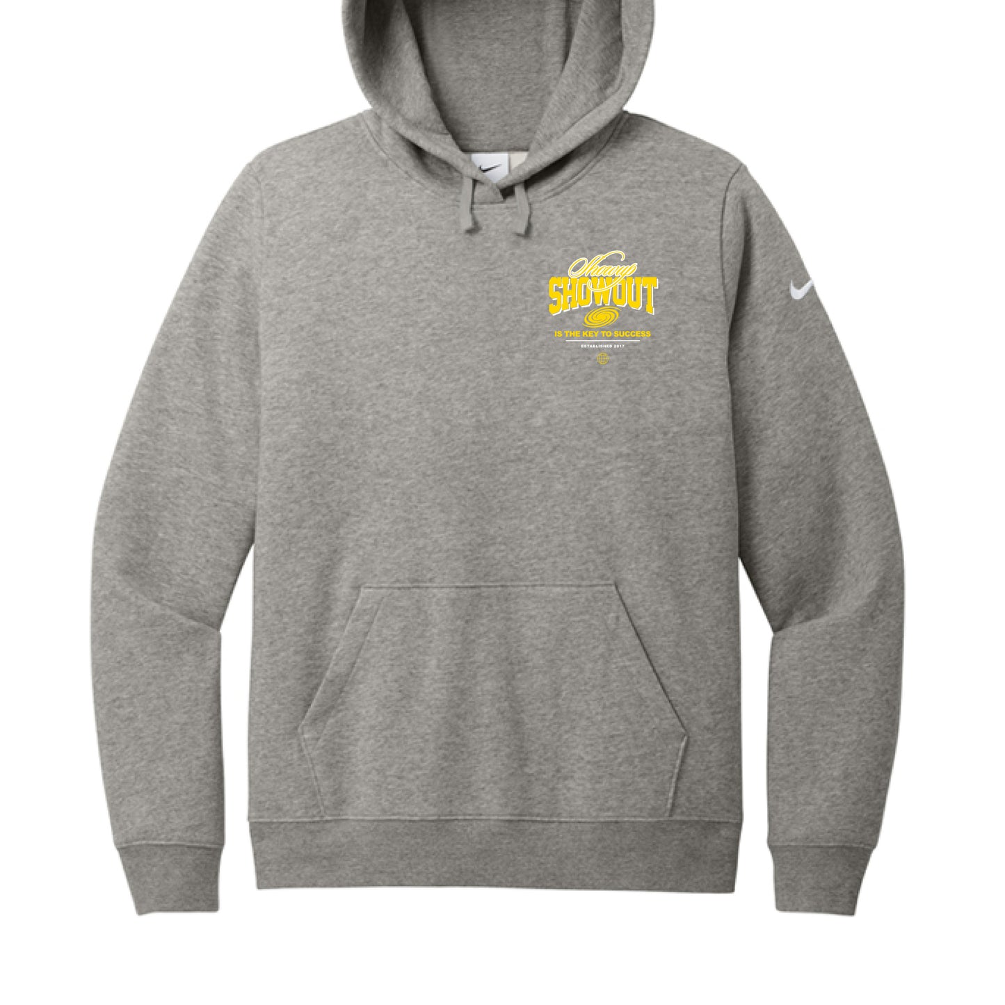 Dark Grey Heather - FRONT Showup Showout Ladies Nike Hoodie in grey with inspirational streetwear design
