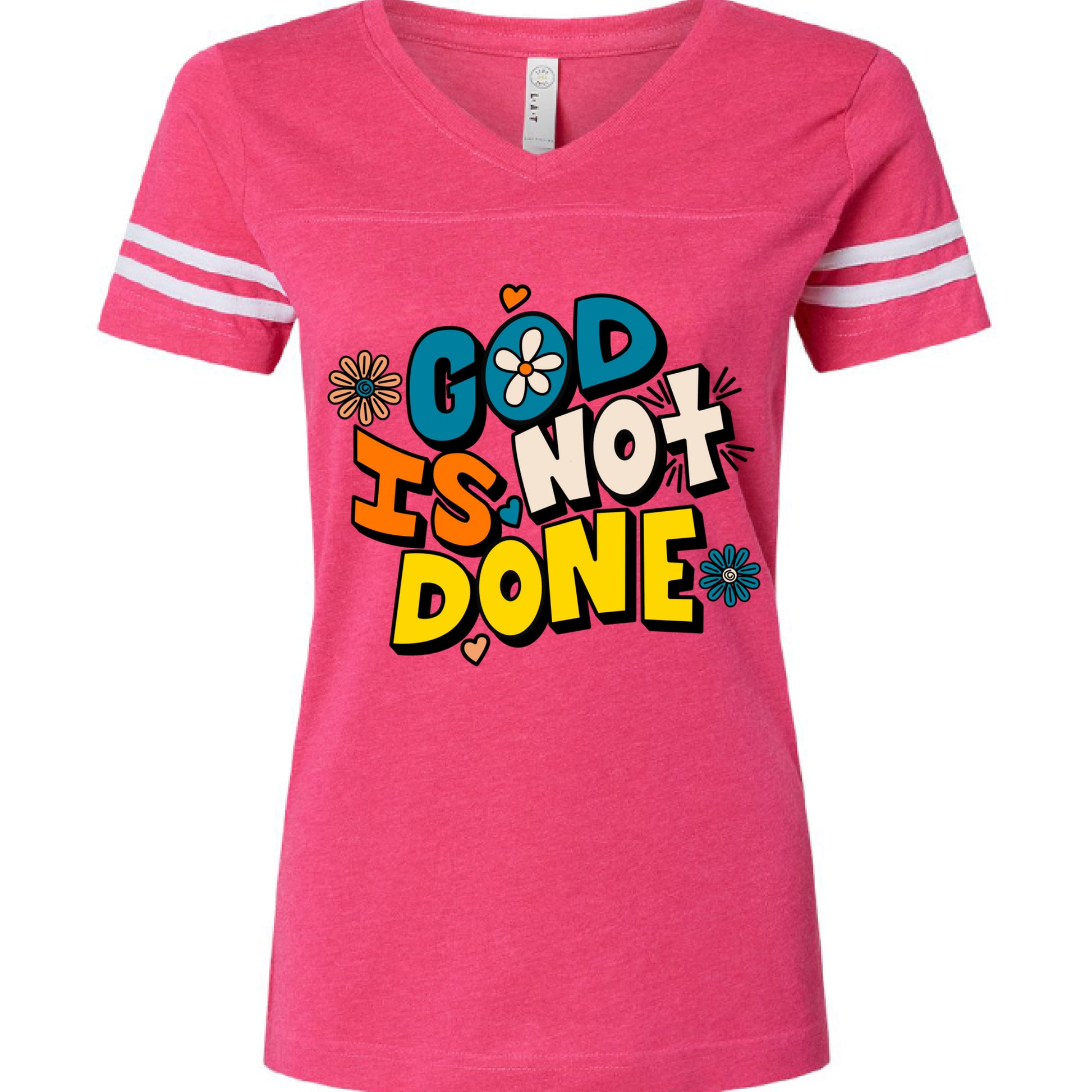 V HT PNK/ BD WHT - FRONT God Is Not Done Ladies Football T-Shirt with inspirational faith-based message